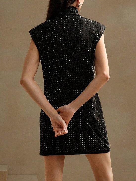 Black Elegant Women's Stud-Embellished Woven Mini Dress - Picture 2 of 7